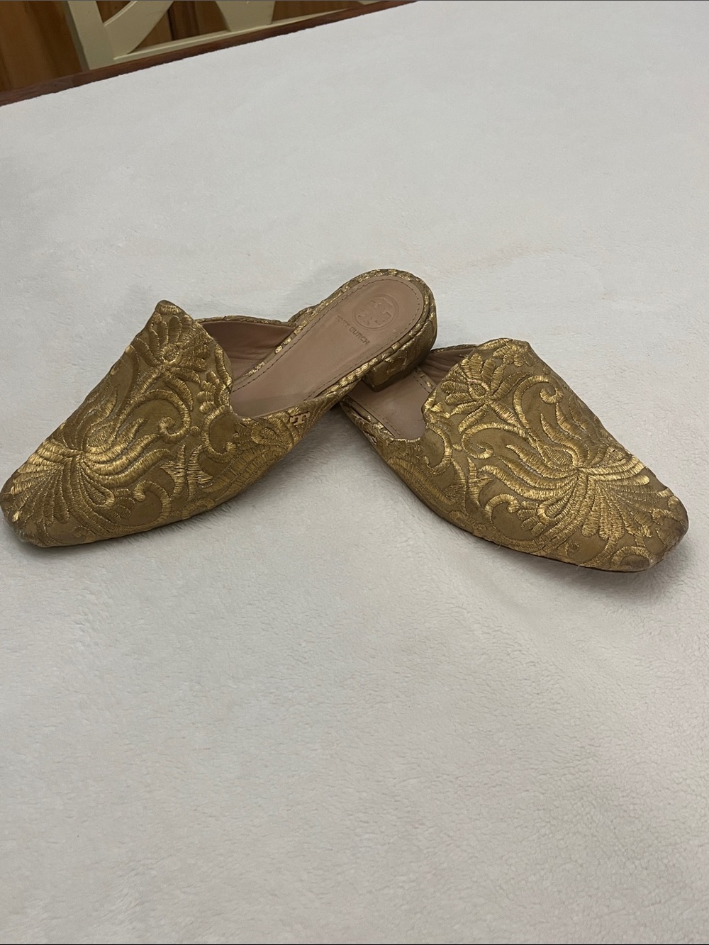 Tory Burch Metallic Gold Embroidered Slip-On Mules - Picture 3 of 11